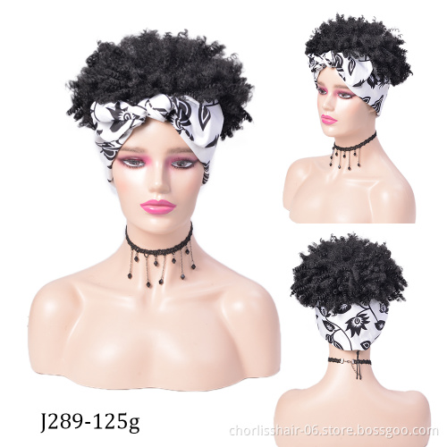 Wholesale Ombre Blonde Fluffy Turban Afro Short Kinky Curly Headband wig Synthetic Wigs With Headband Attached For Black Women